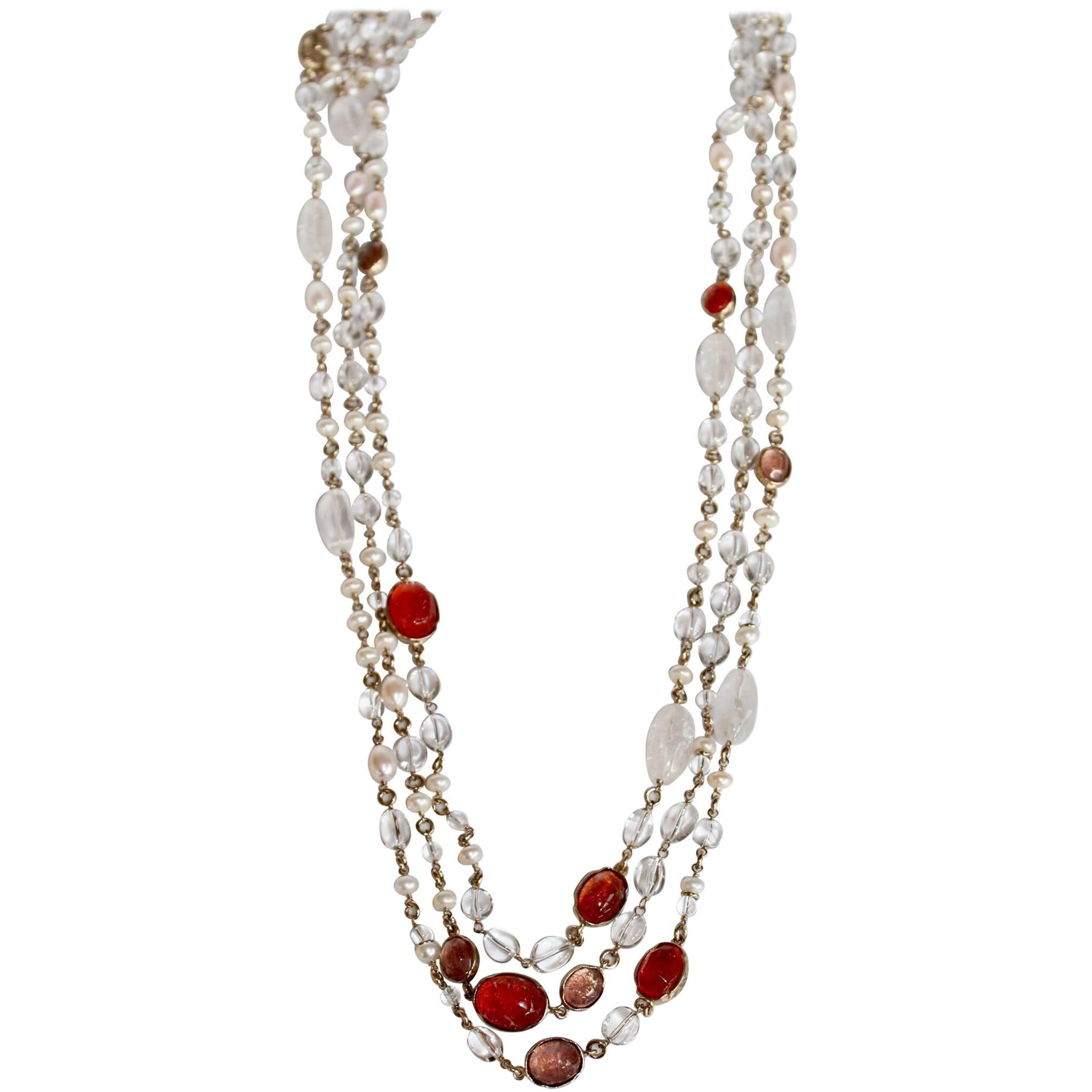 Goossens Paris Pink/Salmon Long Rock Crystal and Pearl Necklace