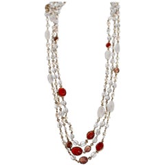 Goossens Paris Pink/Salmon Long Rock Crystal and Pearl Necklace