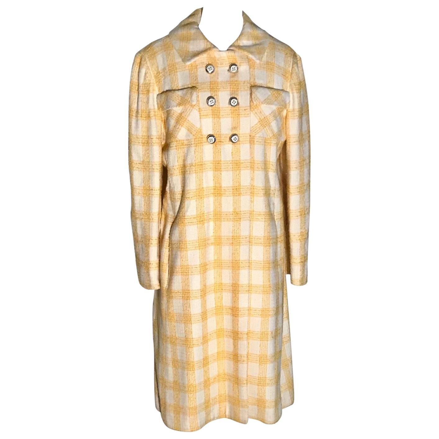 1960s Riva for Miss Magnin by I Magnin Yellow and White Plaid Vintage Coat For Sale