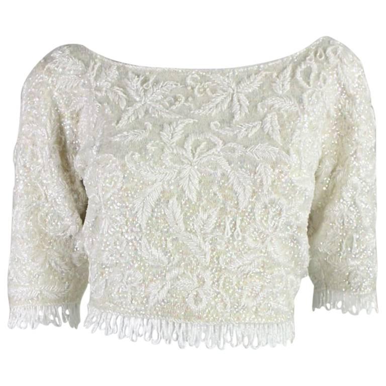 1950's Jo-Ro Imports Fully Beaded & Sequined Cropped Sweater For Sale