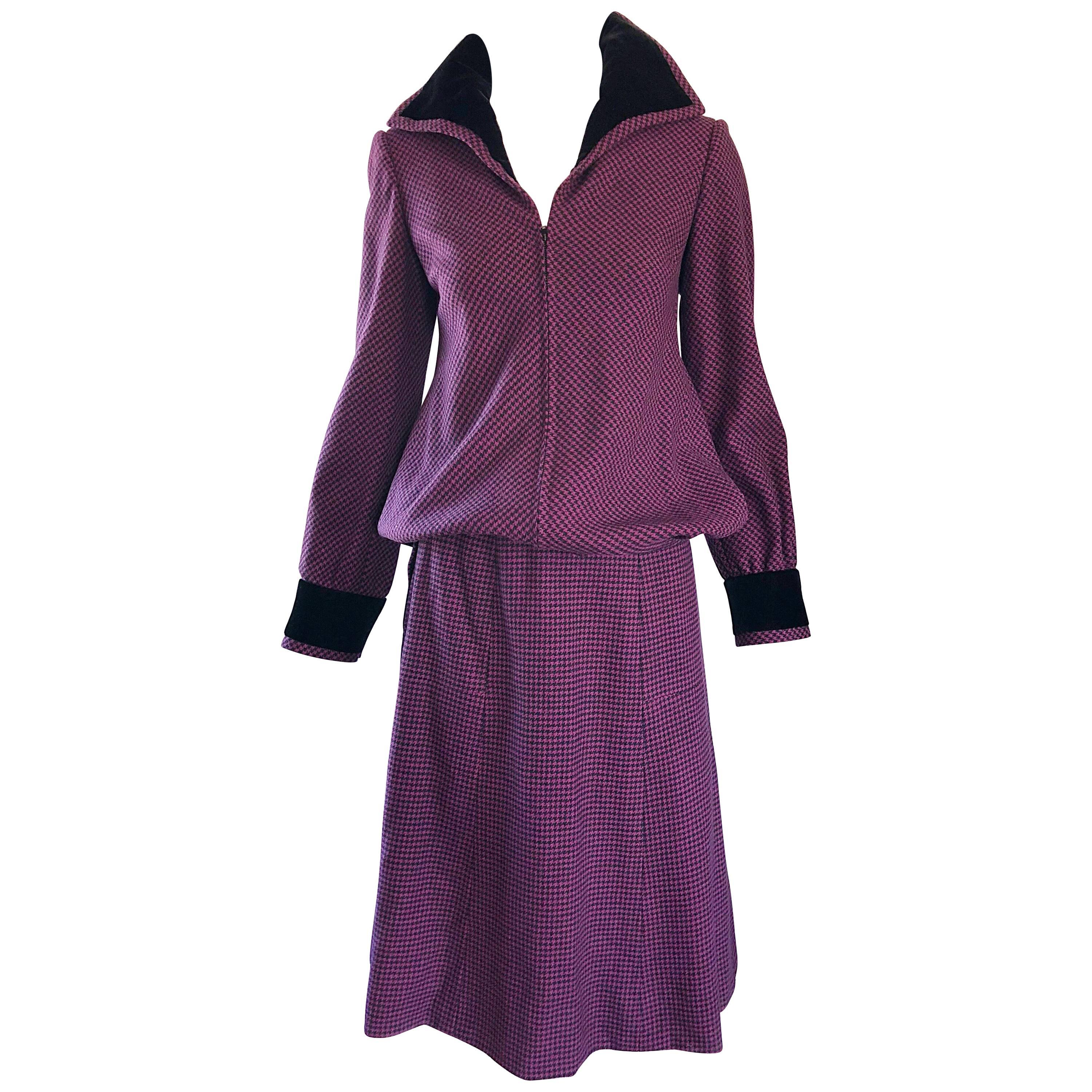 Cardinali 1970s Original Sample Purple + Black Checkered Vintage 70s Skirt Suit  For Sale