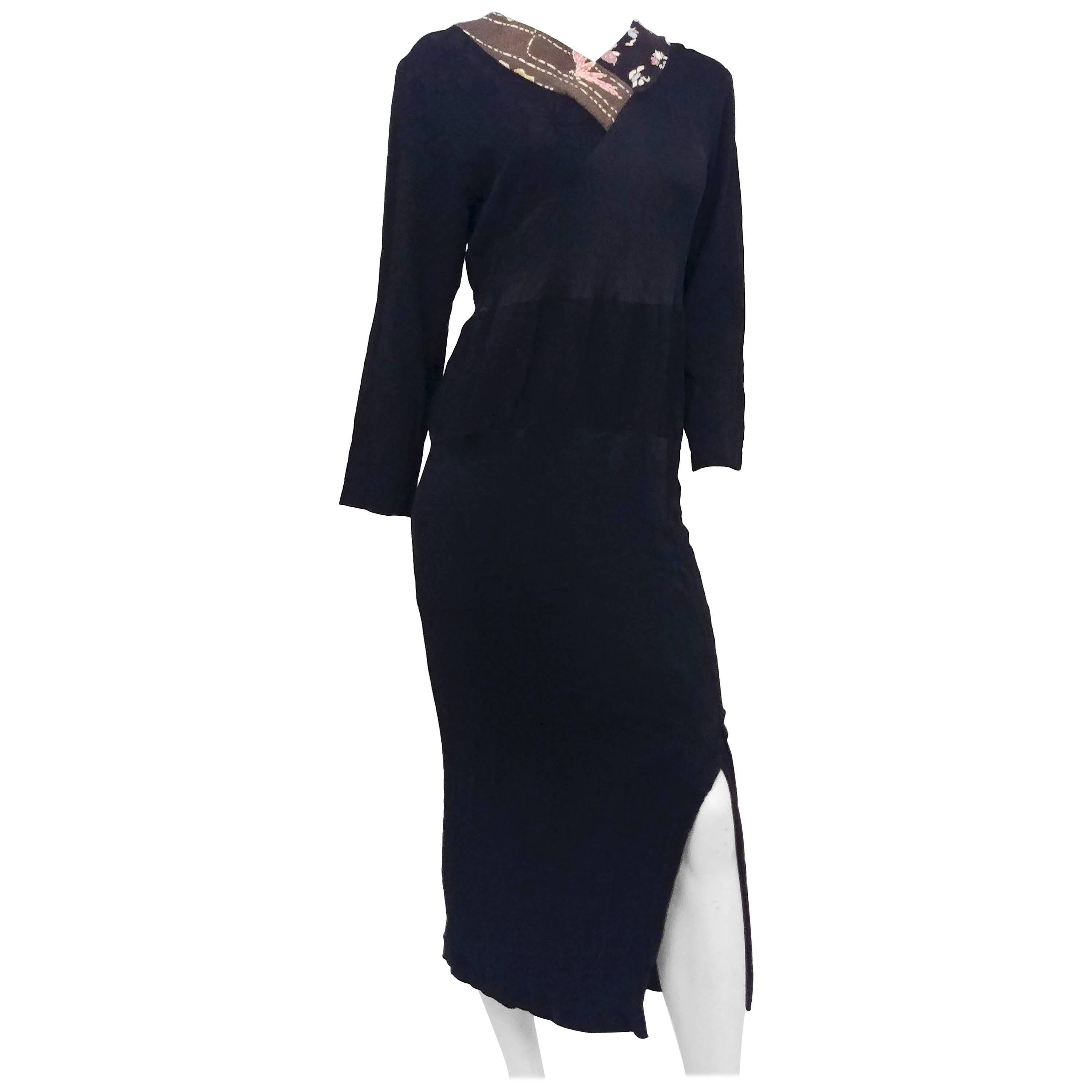 1980s Japanese Black Pleated Dress w/ Kimono Silk Trim For Sale