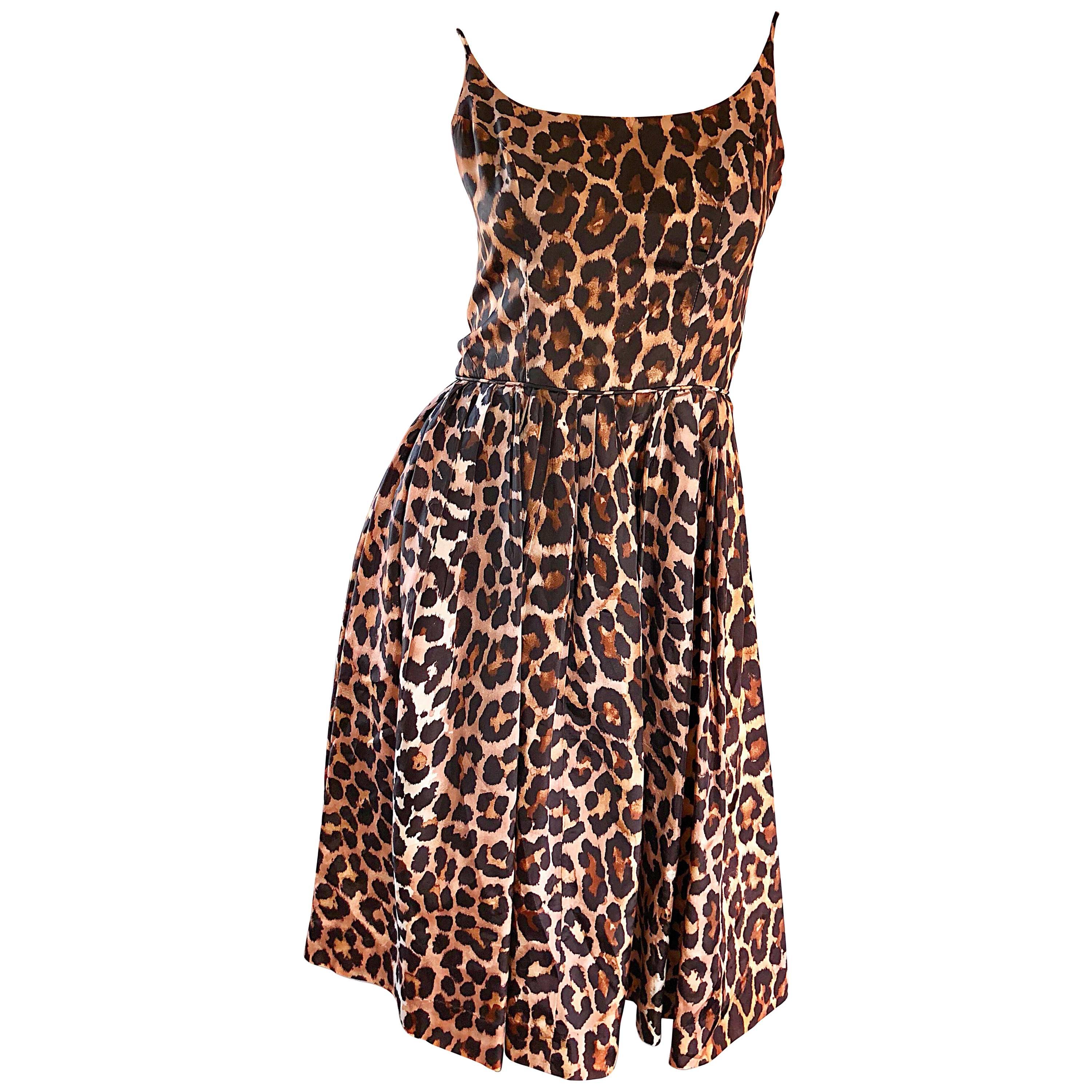 Gorgeous 1950s Demi Couture Leopard Cheetah Print Silk Fit n' Flare 50s Dress