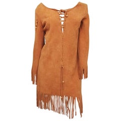 Vintage Elk Suede Fringe Hippie Dress, 1960s 