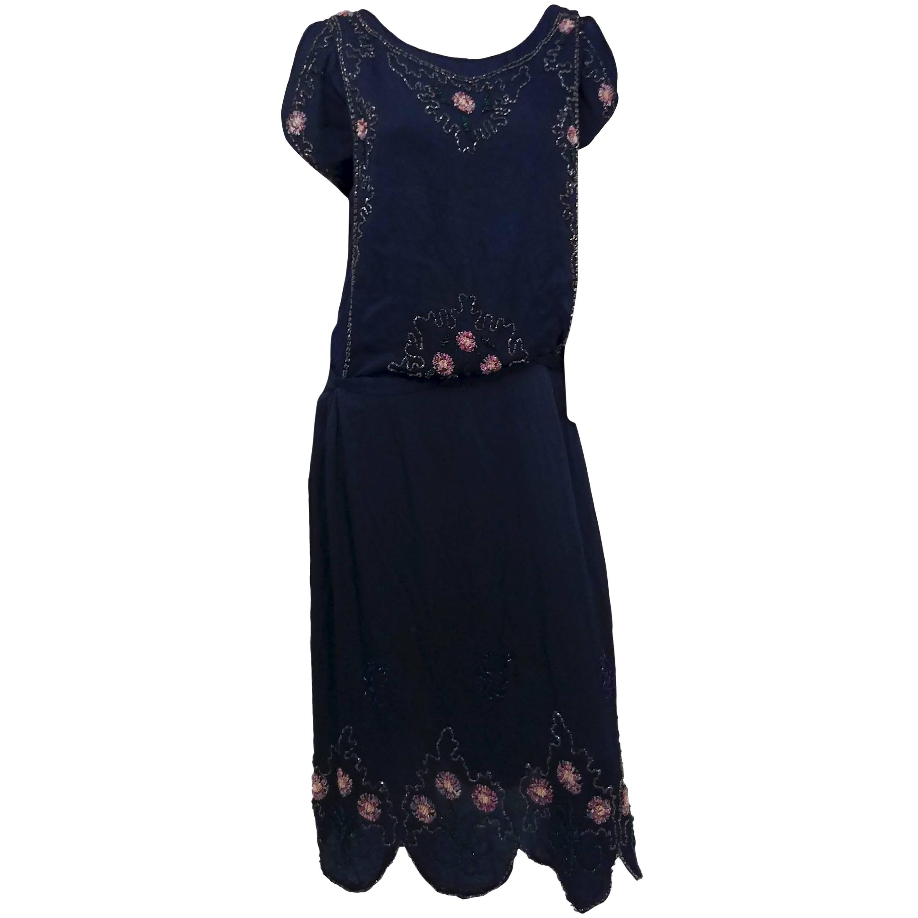 Black Silk Beaded Dress, 1920s For Sale at 1stDibs