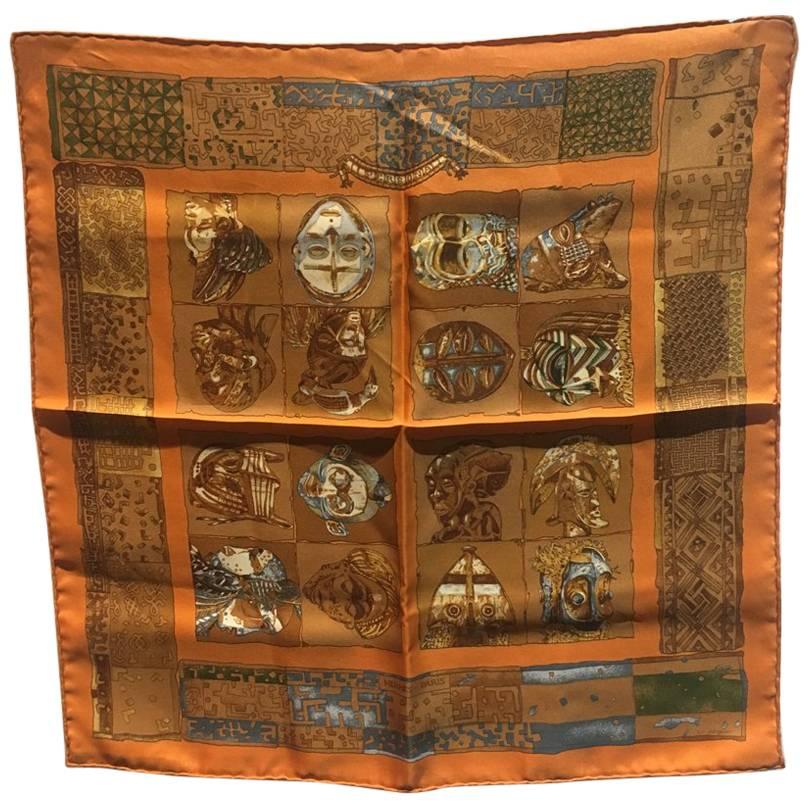 Hermes Orange Personas Silk Pocket Square Scarf Handkerchief