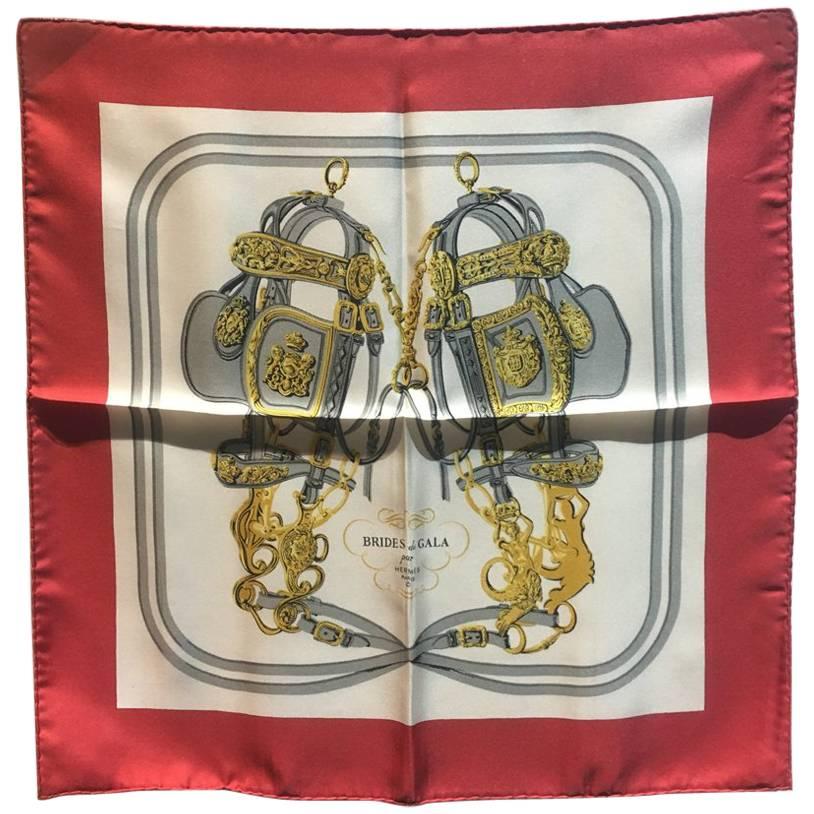 Hermes Vintage Red Brides de Gala Silk Pocket Square Handkerchief