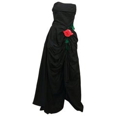 Vintage Black Ruched Front Rose Embellishment Gown, 1950s 
