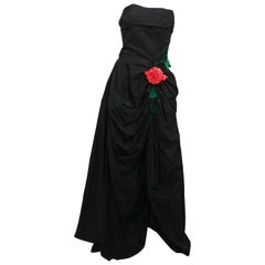 Black Ruched Front Rose Embellishment Gown, 1950s