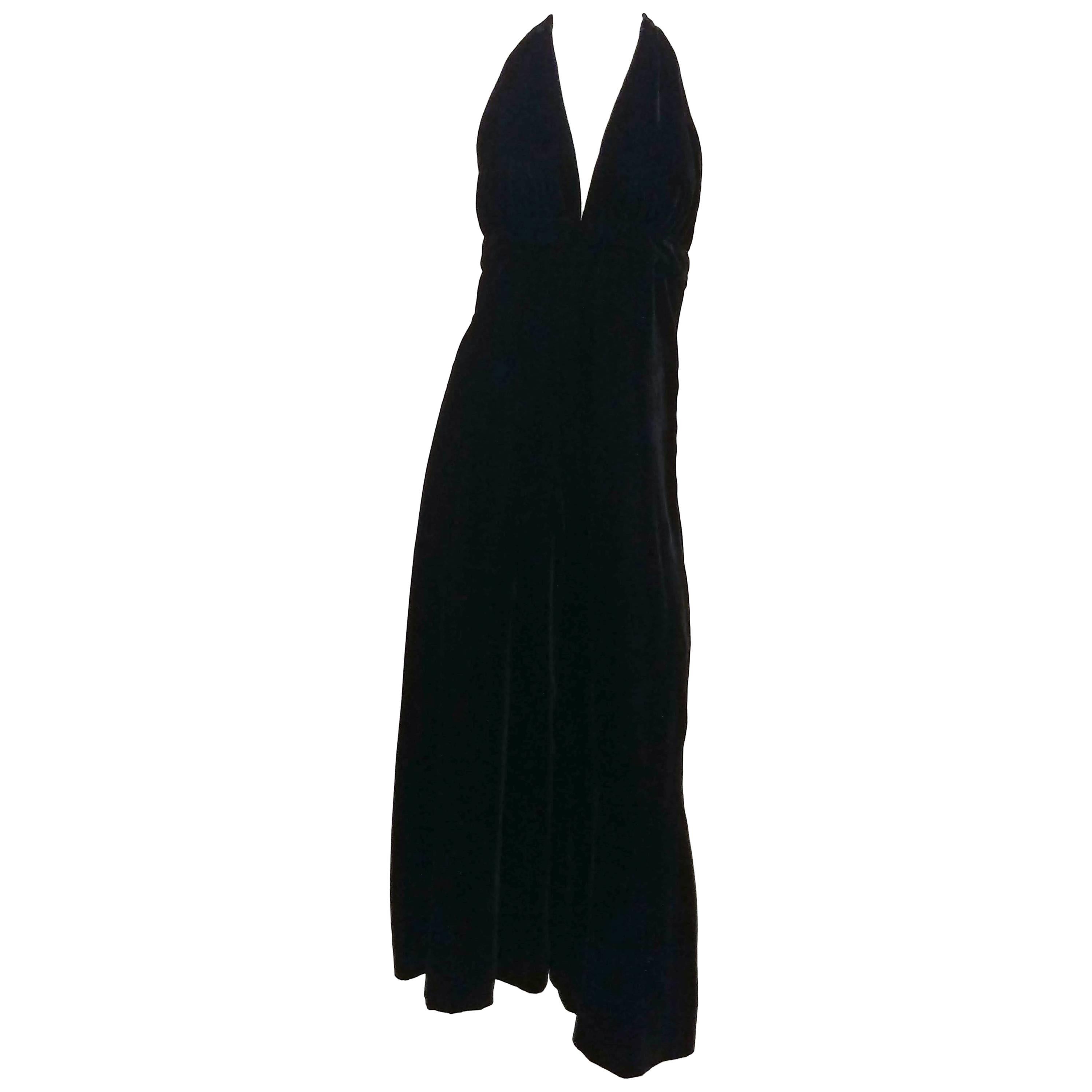 Black Velvet Halter Jumpsuit, 1970s  For Sale