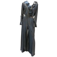 1970s Silver Metallic Disco Leotard and Wide Legged Pant Set