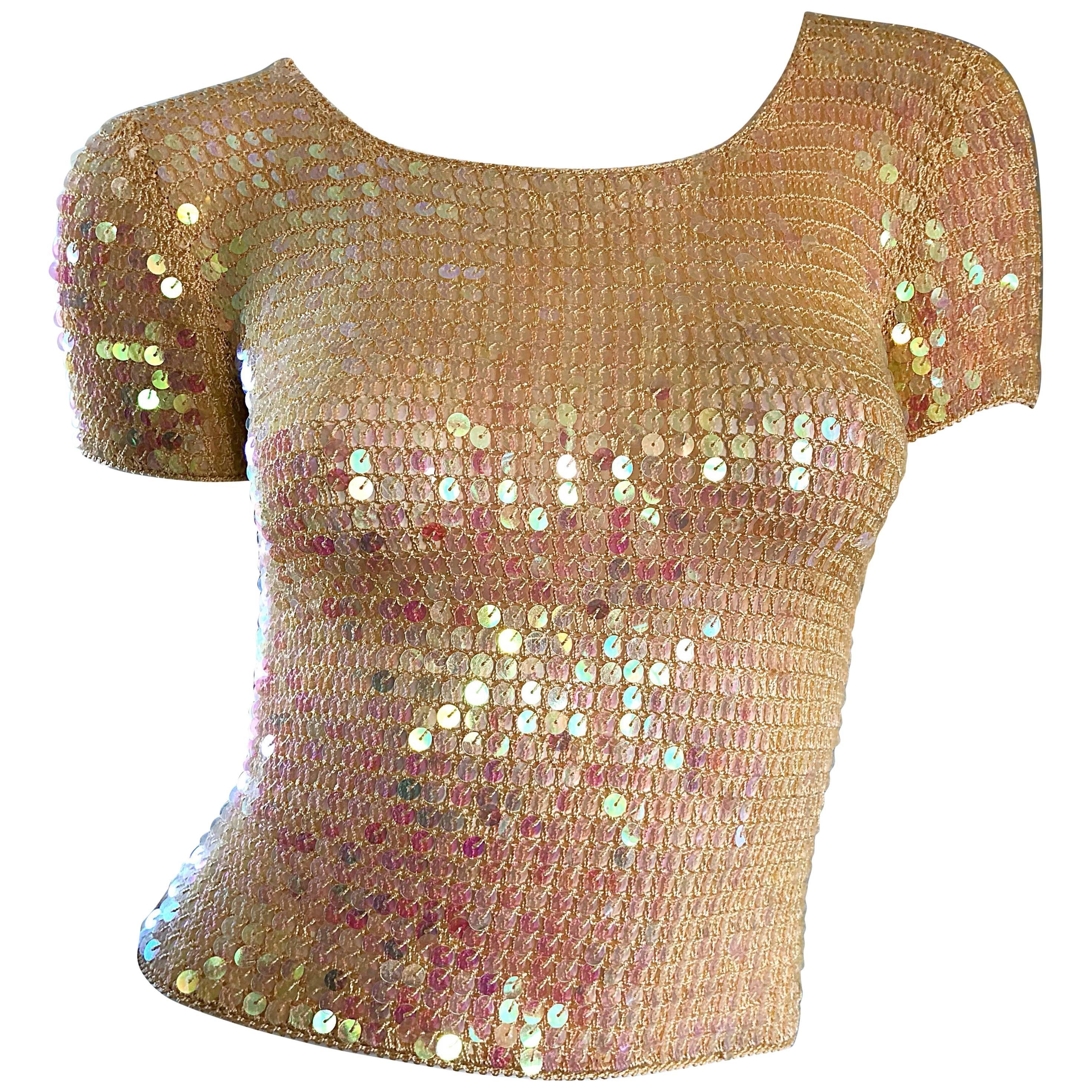 Fabulous 1990s Pink Champagne Fully Sequined Vintage Crochet Knit 90s Crop Top