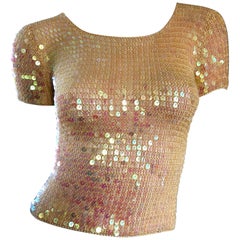 Fabulous 1990s Pink Champagne Fully Sequined Retro Crochet Knit 90s Crop Top