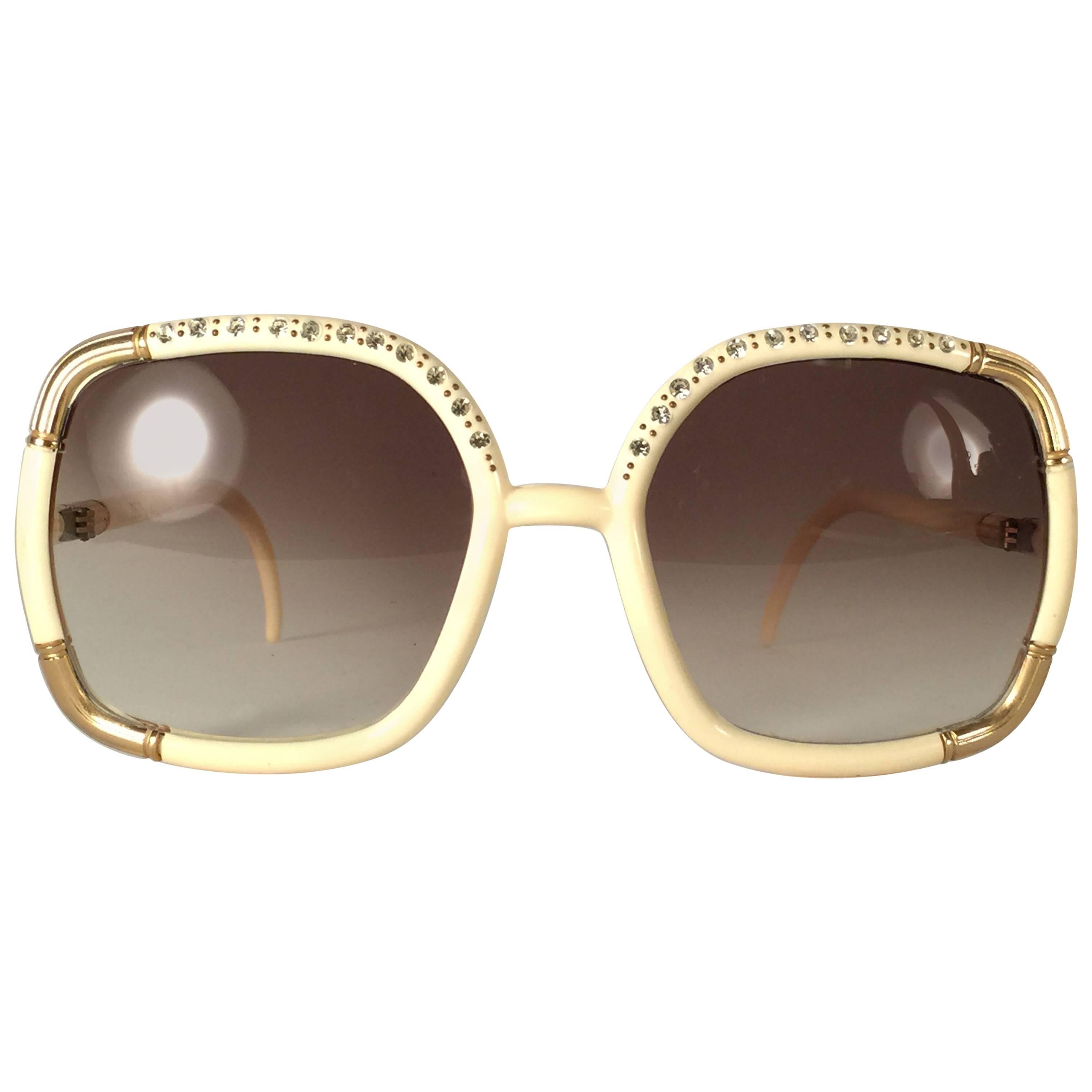 New Vintage Ted Lapidus Paris Ivory Strass Oversized 1970 Sunglasses France