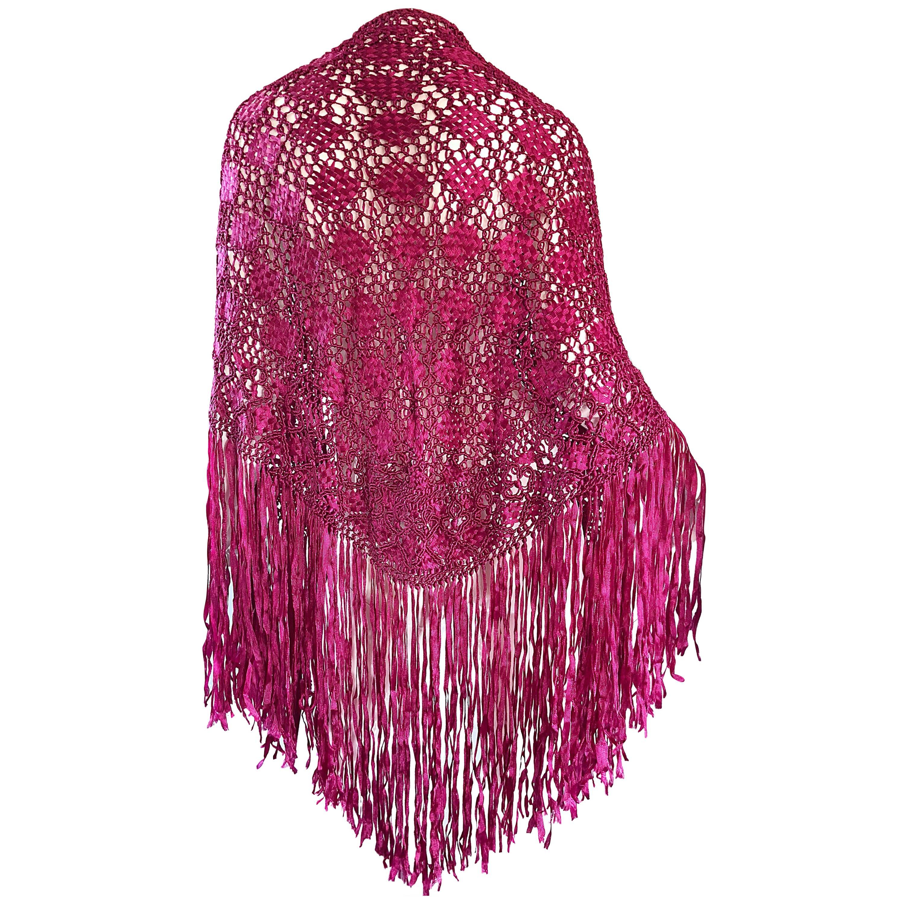 Fuchsia Hot Pink Rayon Hand Crochet Large Vintage Fringed Piano Shawl, 1970s 