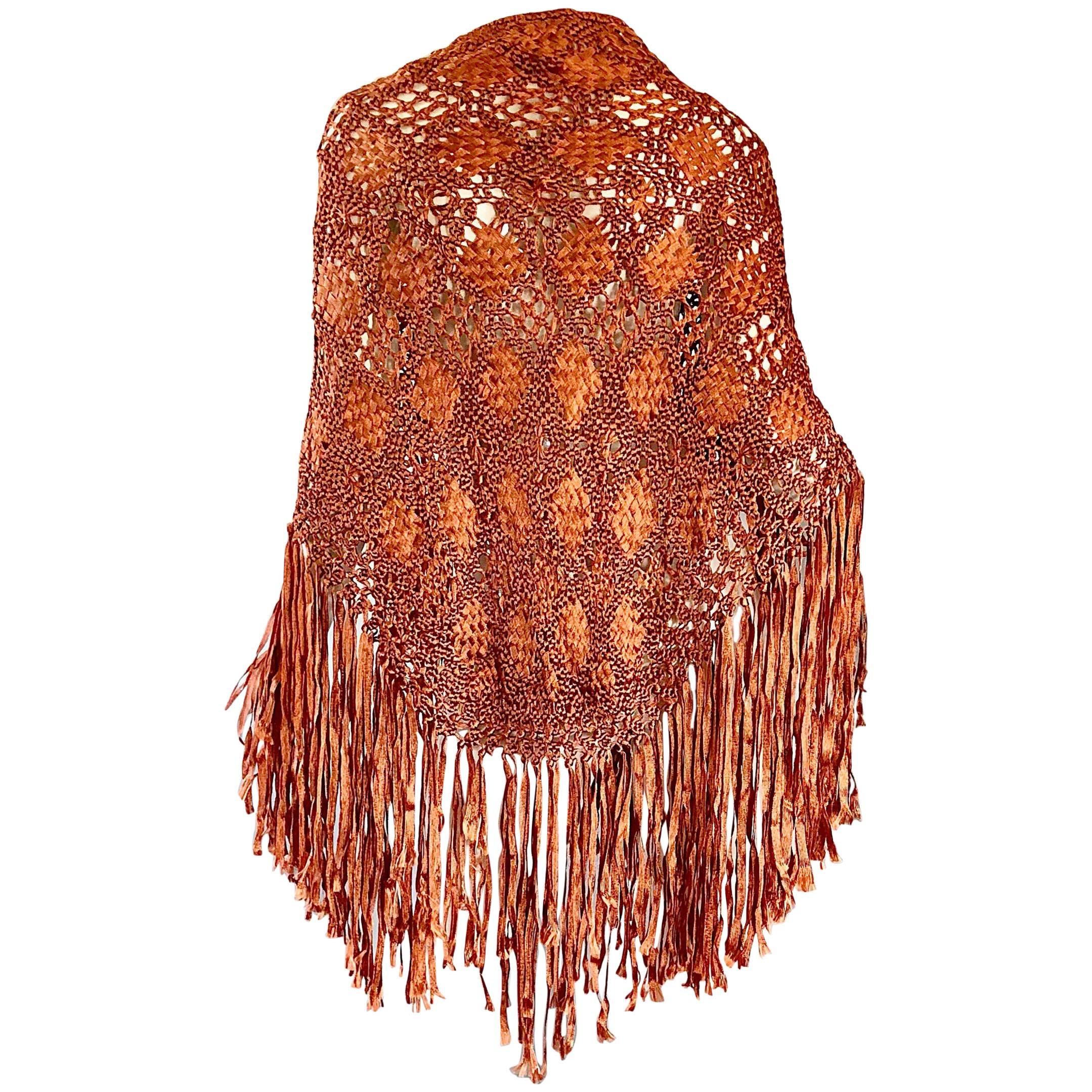 1970s Terra Cotta / Tan Brown Hand Crochet Rayon Vintage Fringe Piano Shawl  For Sale