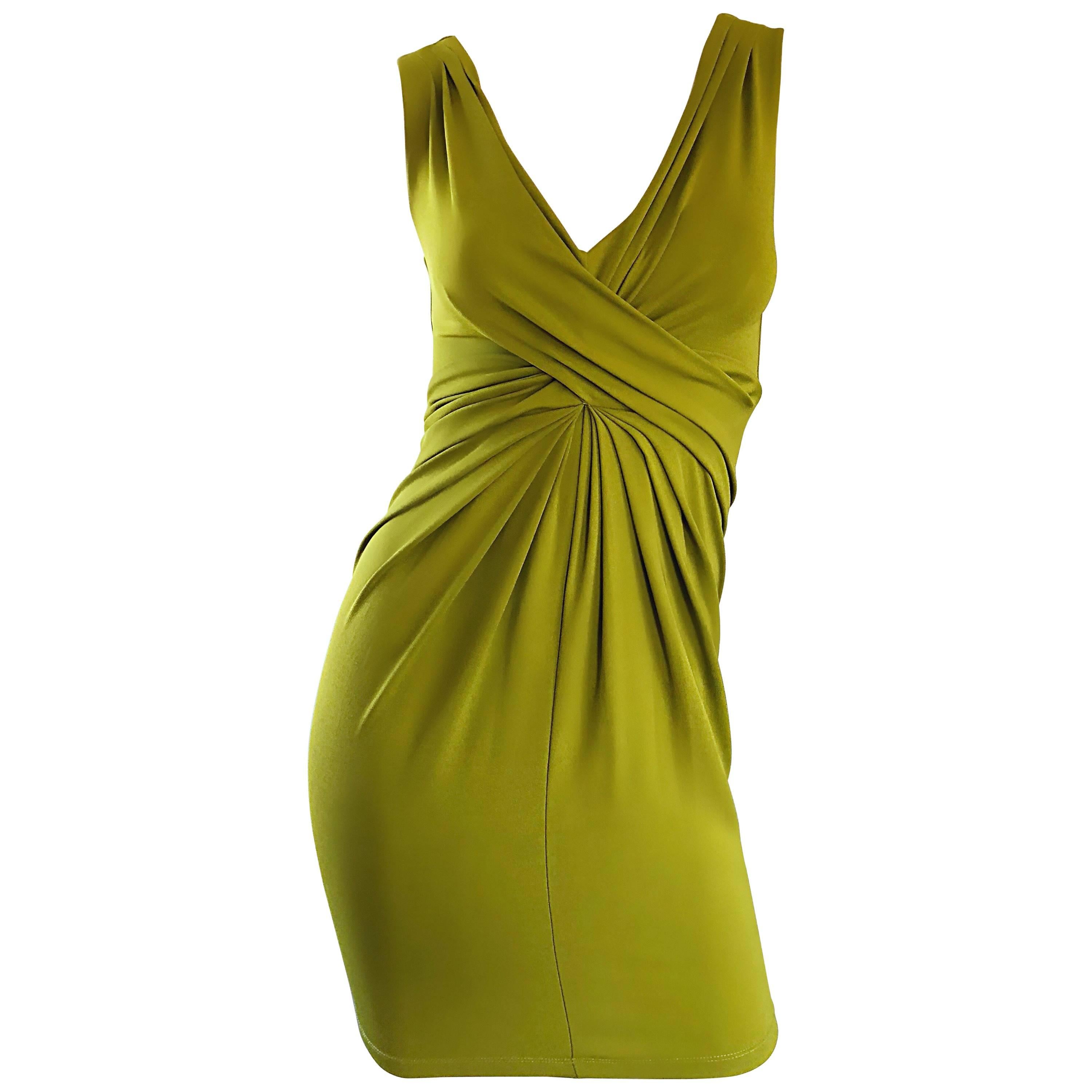 2000s Michael Kors Collection Chartreuse Green Size 2 - 4 Silk Jersey Dress For Sale
