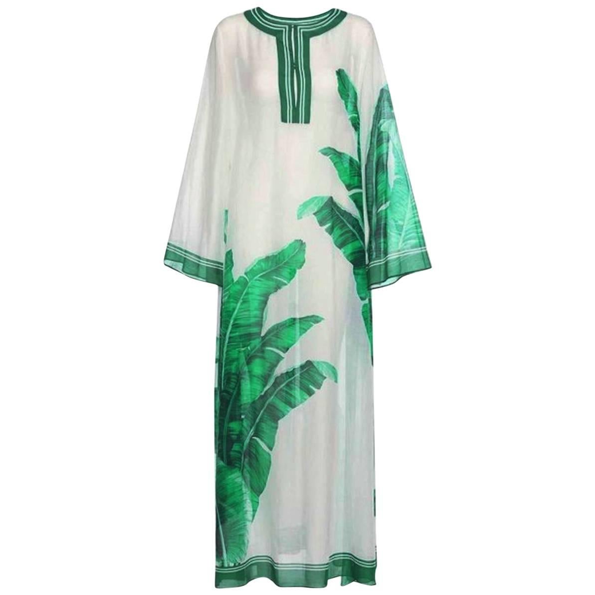 Gorgeous Dolce Gabbana Banana Leaf Print Silk Voile Kaftin Maxi Dress Gown