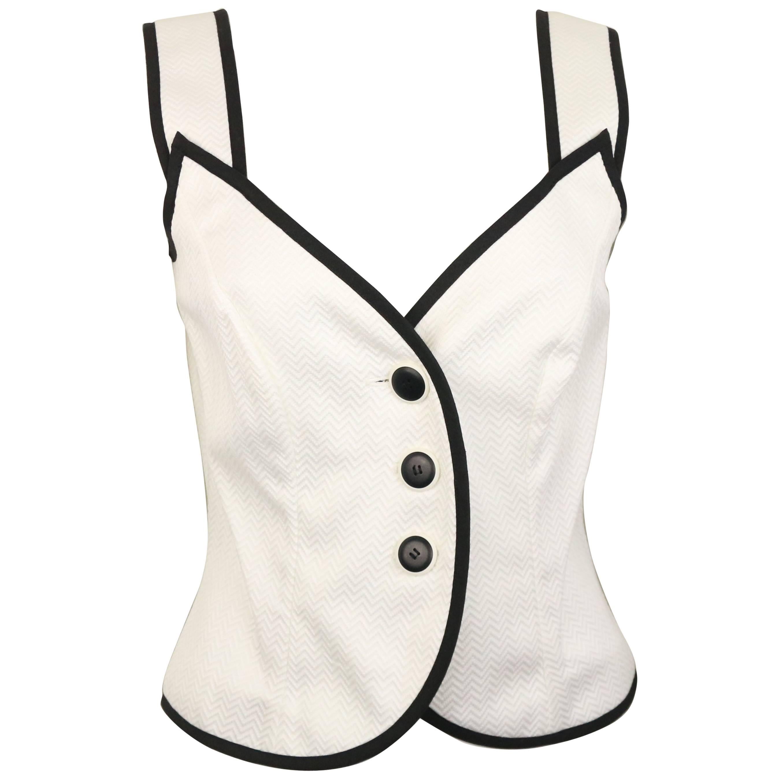Yves Saint Laurent White Cotton Chevron Pattern Black Piping Trim Tank Top Vest 