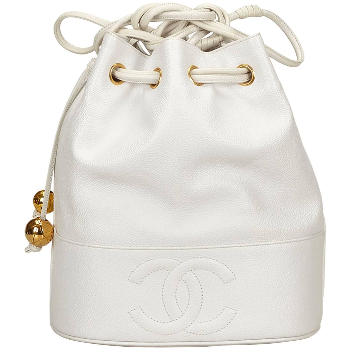 Chanel White Caviar Leather Drawstring Shoulder Bucket Bag