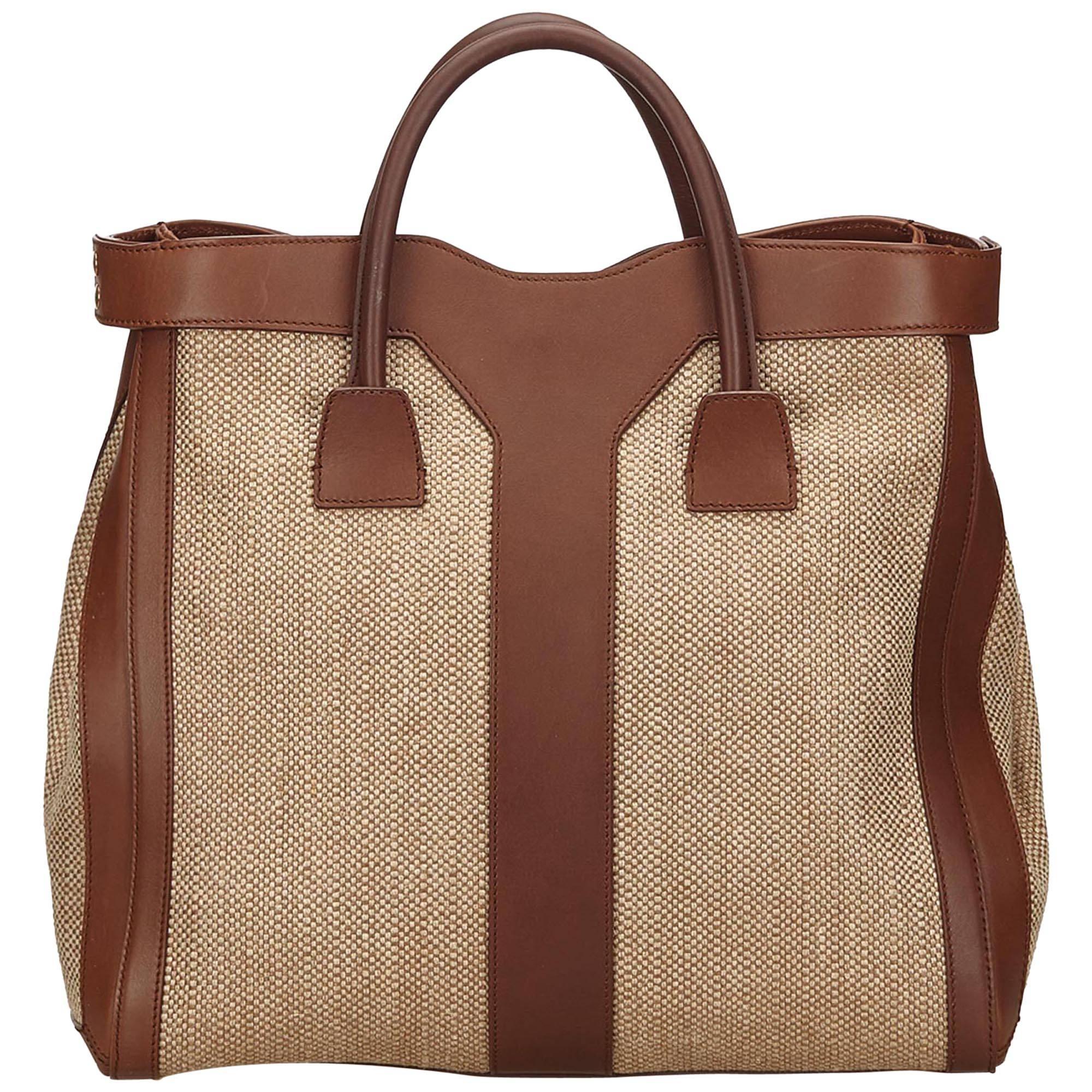 YSL Brown and Beige Woven and Linen Y Tote Bag