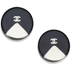 Chanel Black x Silver Round Plastic Hardware Push Back Earrings