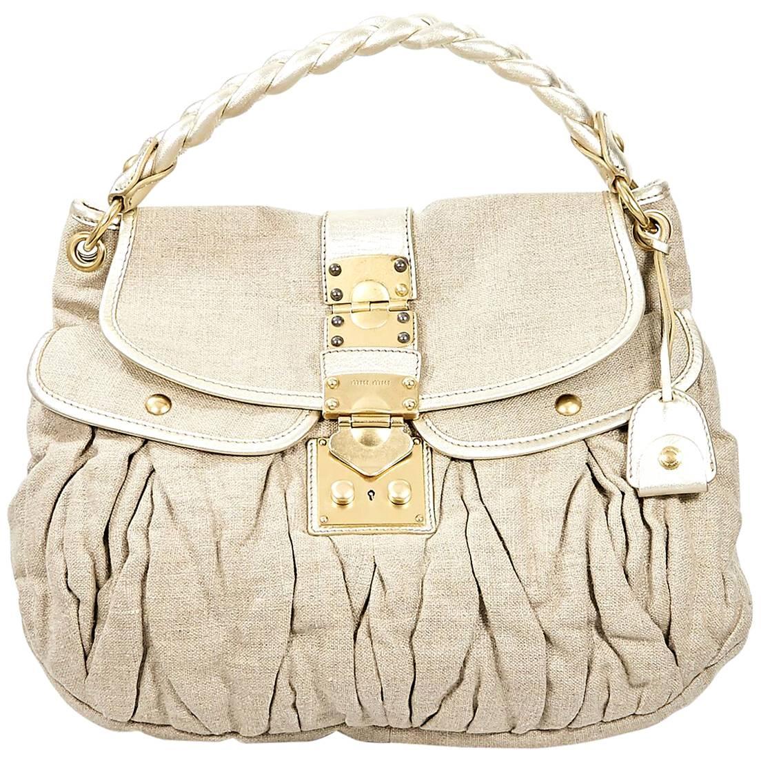 Miu Miu Metallic Gold Canvas Coffer Shoulder Bag