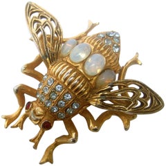 Gilt Metal Glass Jewel Encrusted Bee Brooch  c 1960