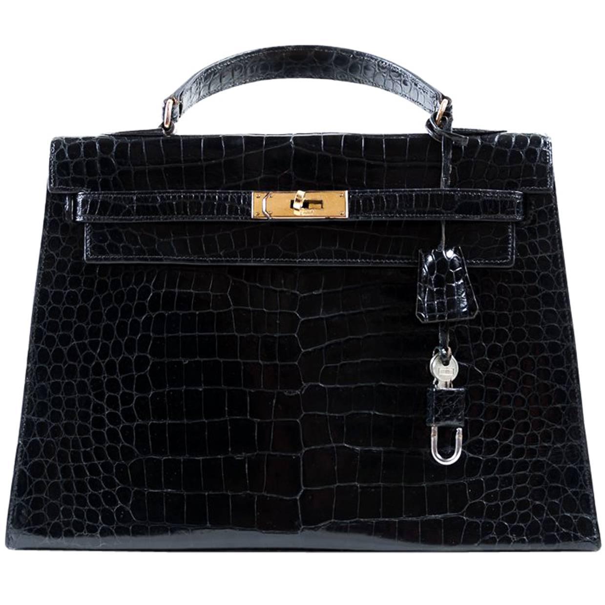 Hermes Kelly 32 Vintage Black Crocodile Bag Spa Hermes Invoice From 2017 For Sale