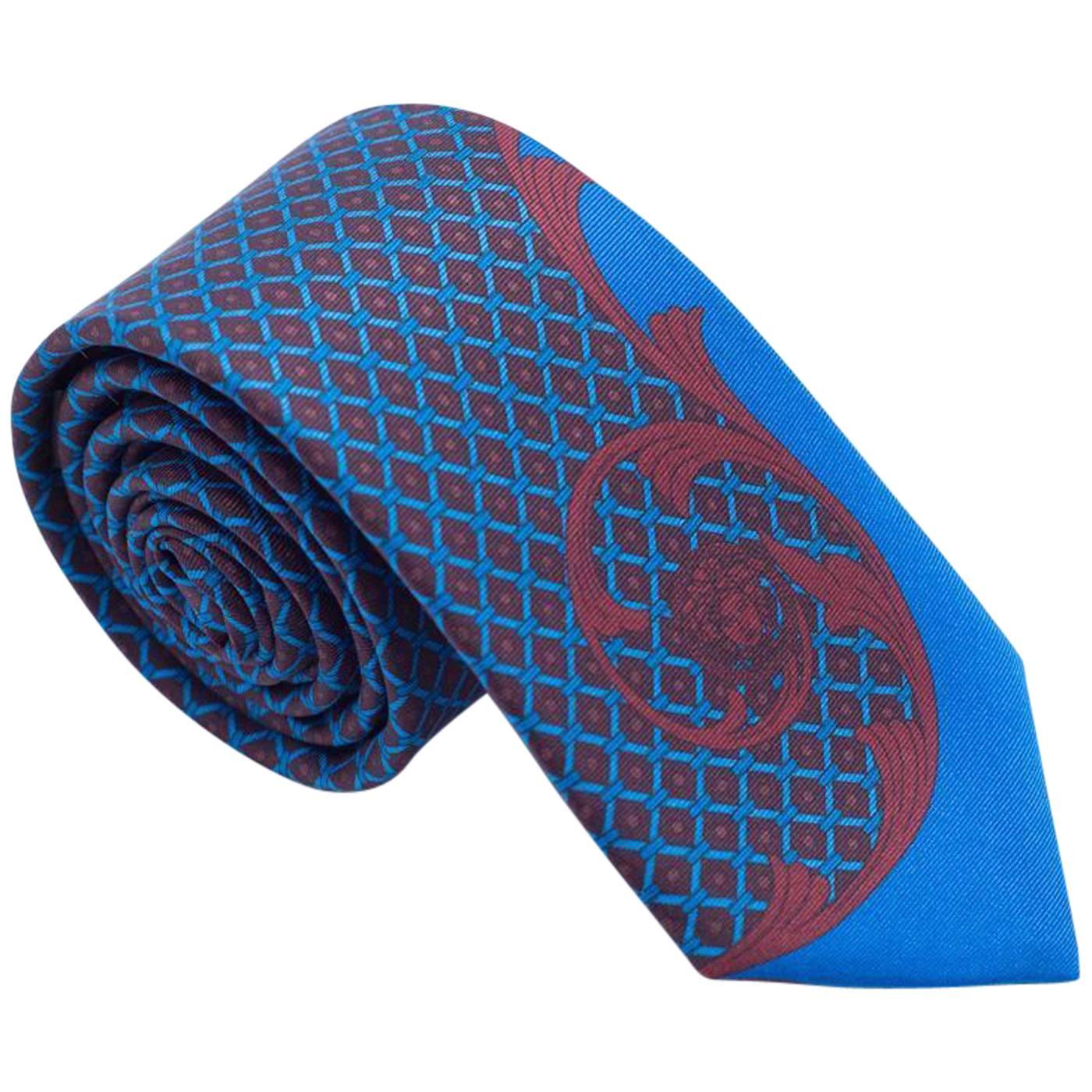 Versace Men's Blue and Red Printed Geometric Silk Tie  For Sale