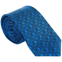 Versace Mens Blue Black Logo Letters Print 100% Silk Slim Tie