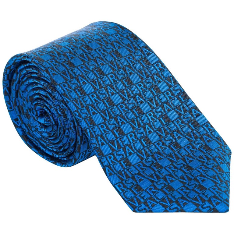 Versace Mens Blue Black Logo Letters Print 100% Silk Slim Tie at ...