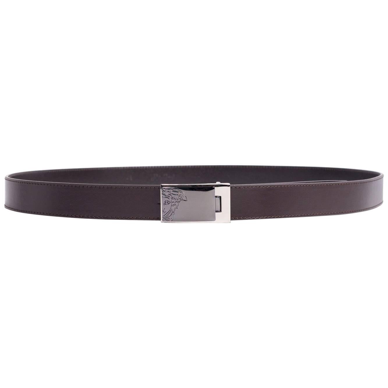 Versace Men's Brown Leather Medusa Logo Belt For Sale