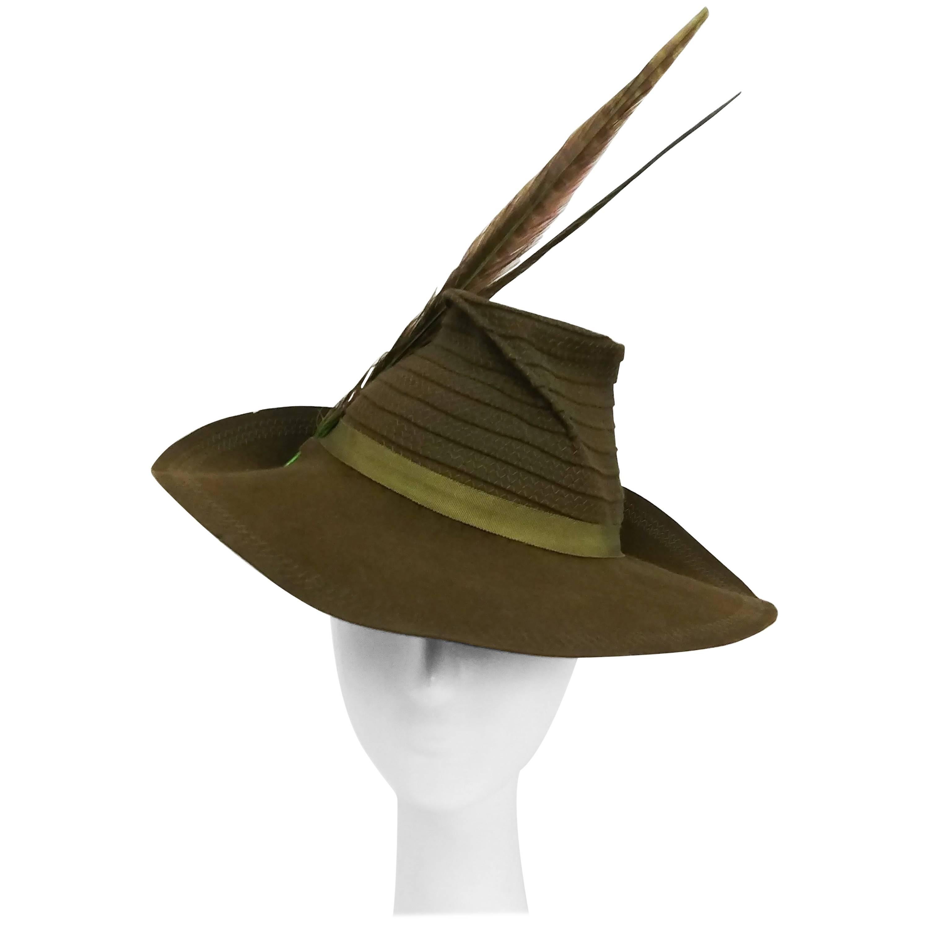 Olive Green Wide Brim Hat with Dyed Pheasant Feathers, 1940s 