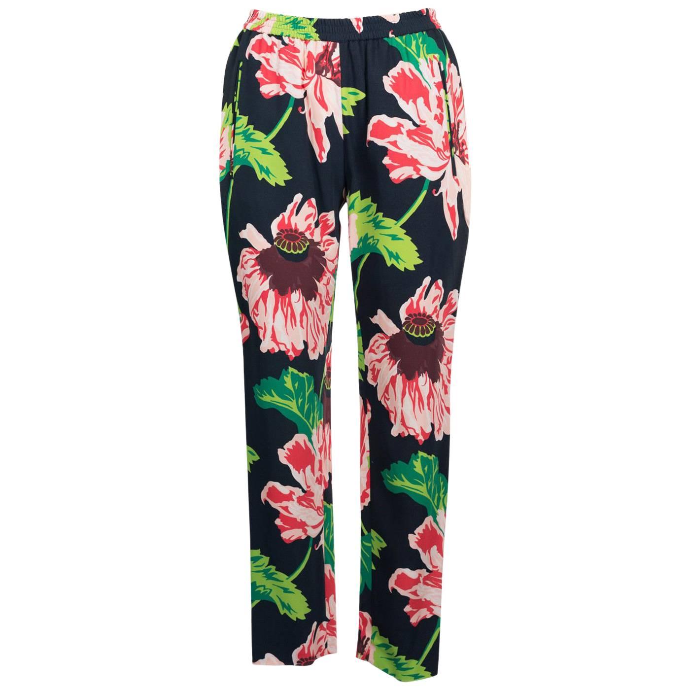 Stella McCartney Women's Black Base Pink Floral Print Slim Fit Trousers