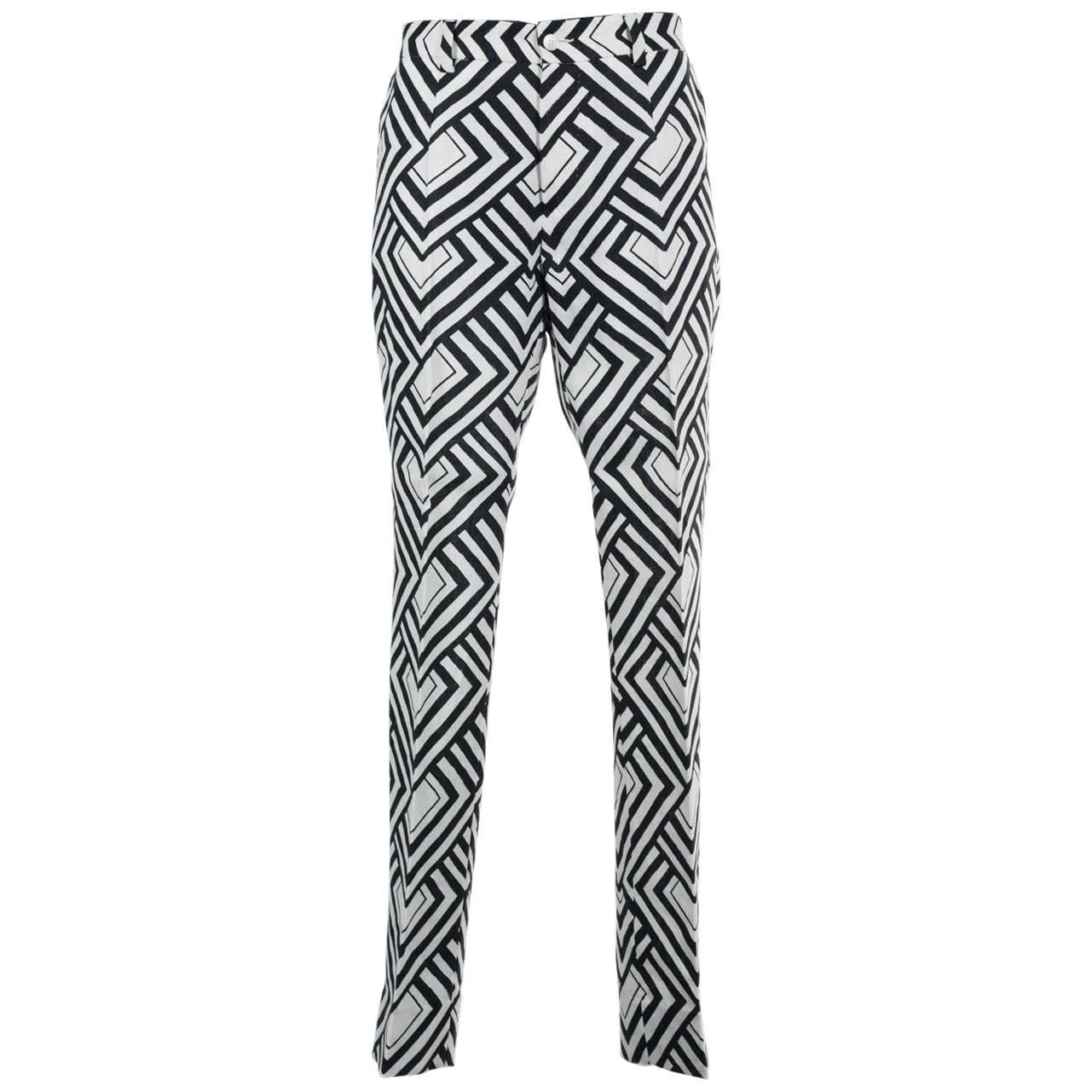 Dolce&Gabbana Men's Black & White Printed Linen Pants