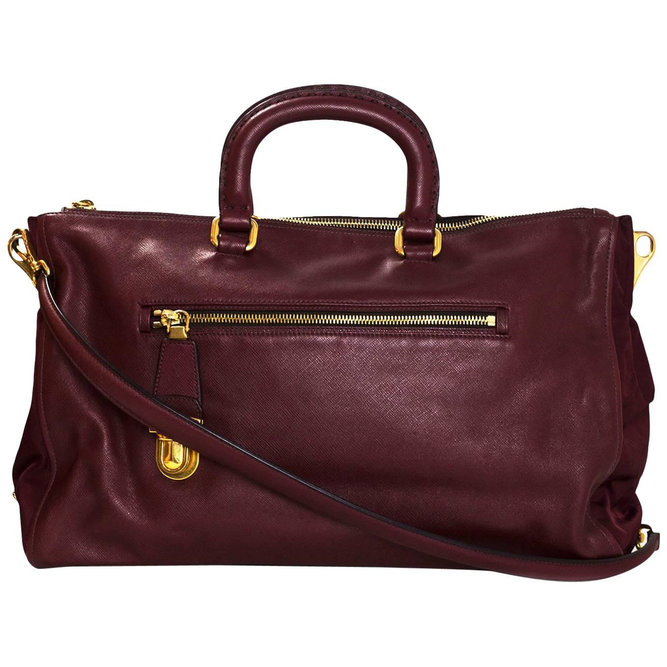 Prada Burgundy Tessuto & Saffiano Satchel Bag