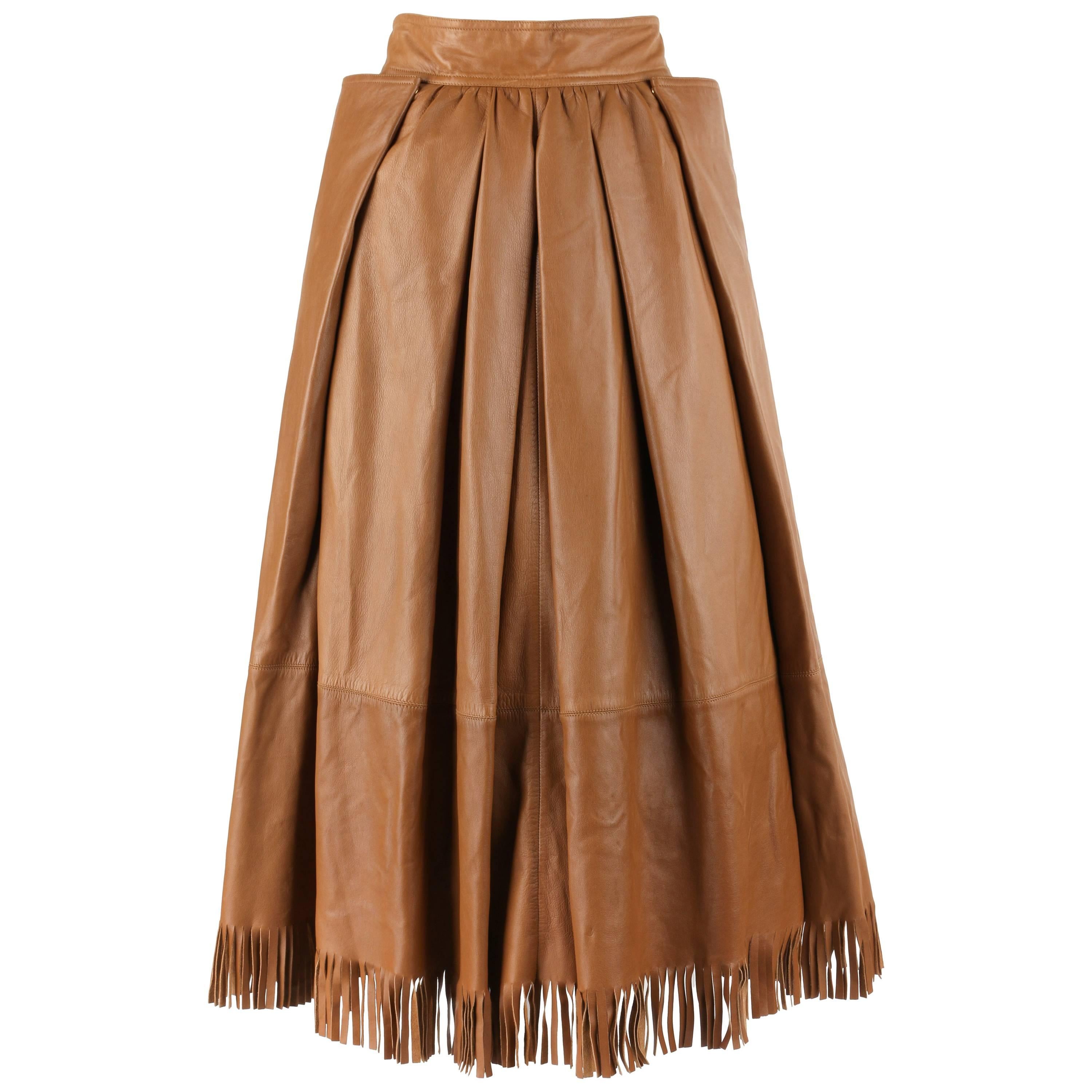 GUCCI c.1970's Tan Brown Leather Fringe Hem Pleated Tea Length Skirt