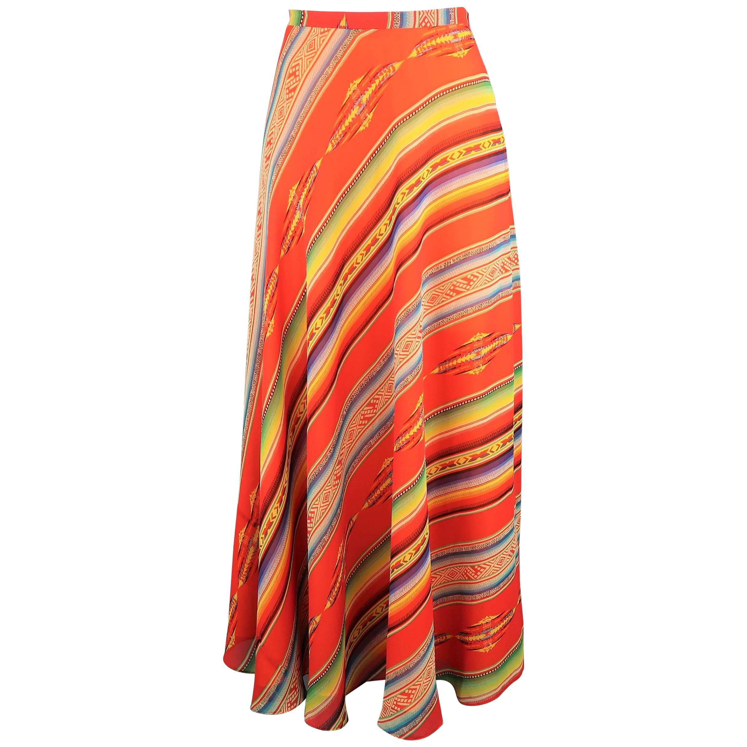 Ralph Lauren Red Orange Mexican Serape Print Silk A Line Maxi Skirt, Size 6 
