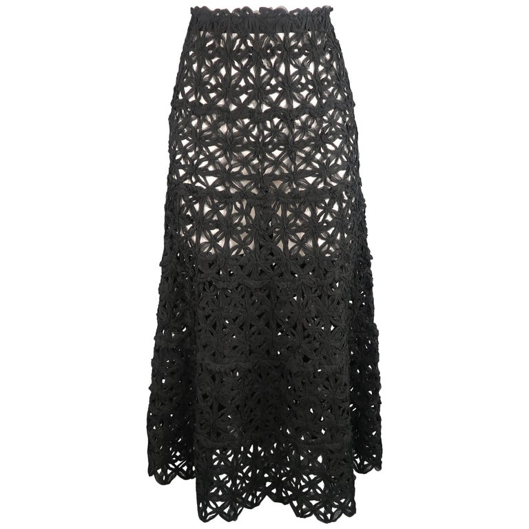 Donna Karan Black Silk Floral Crochet Mesh A Line Maxi Skirt Size 6 at ...