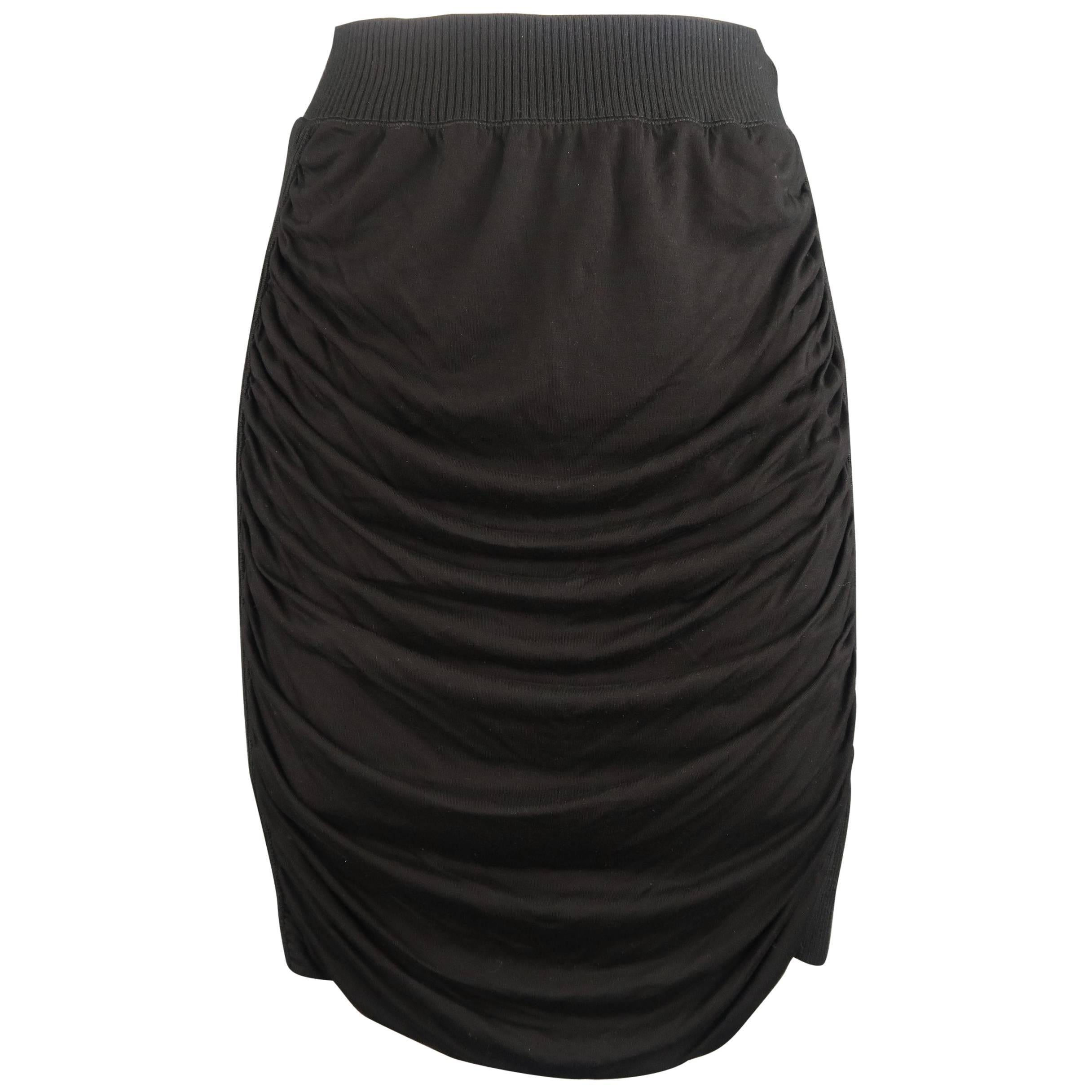 Jean Paul Gaultier Ruched Black Viscose Blend Ribbed Side Pencil Skirt