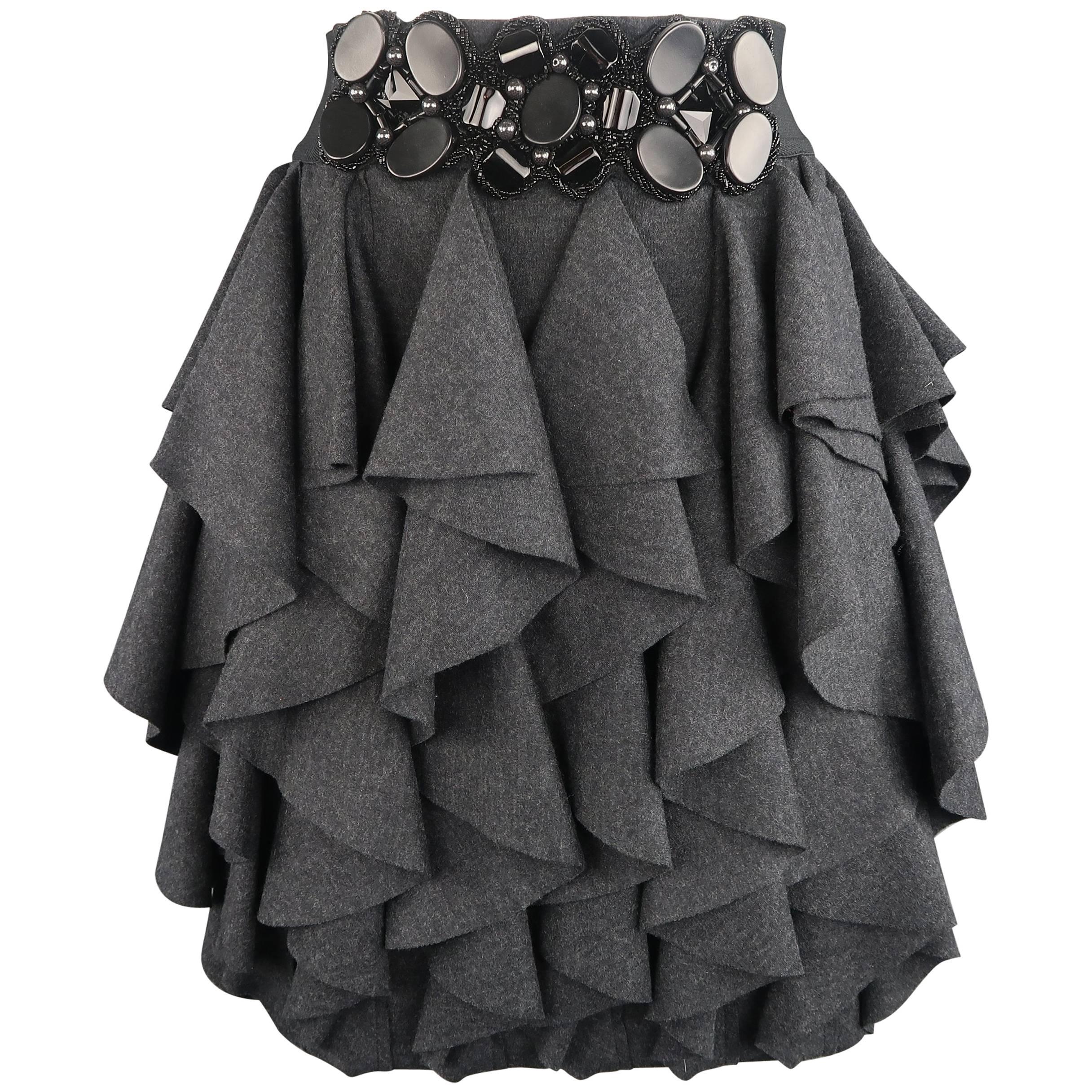 Yigal Azrouel Charcoal Ruffled Wool Jeweled Waistband Skirt, Size L 
