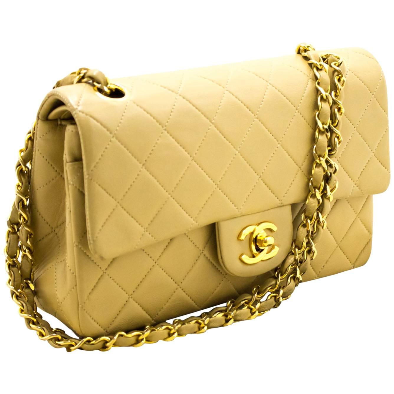 Chanel 2.55 Double Flap 9" Beige Gold Chain Lambskin Shoulder Bag 