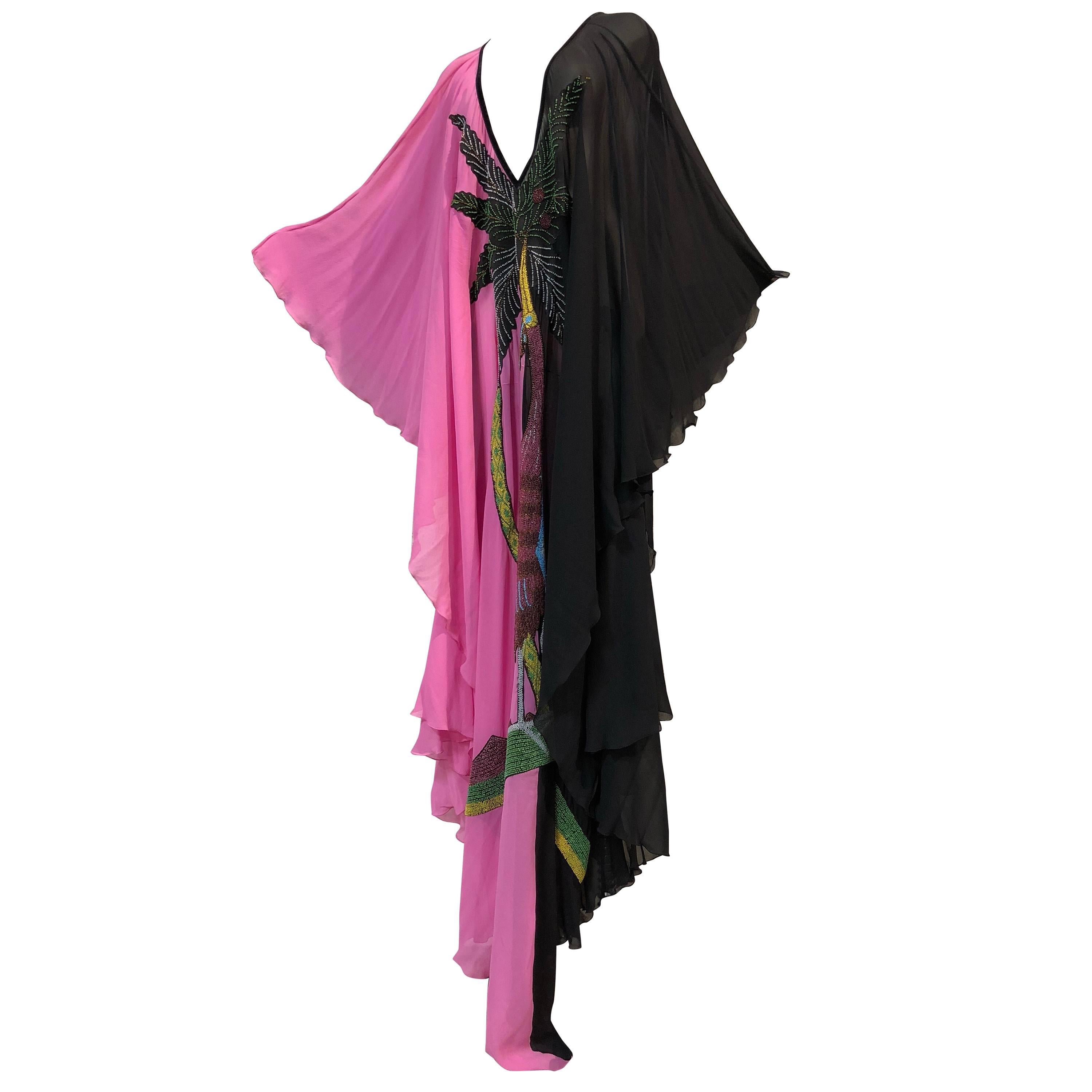 Black and Pink Silk Chiffon Deco Style Kaftan With Exotic Beaded Centerpiece 