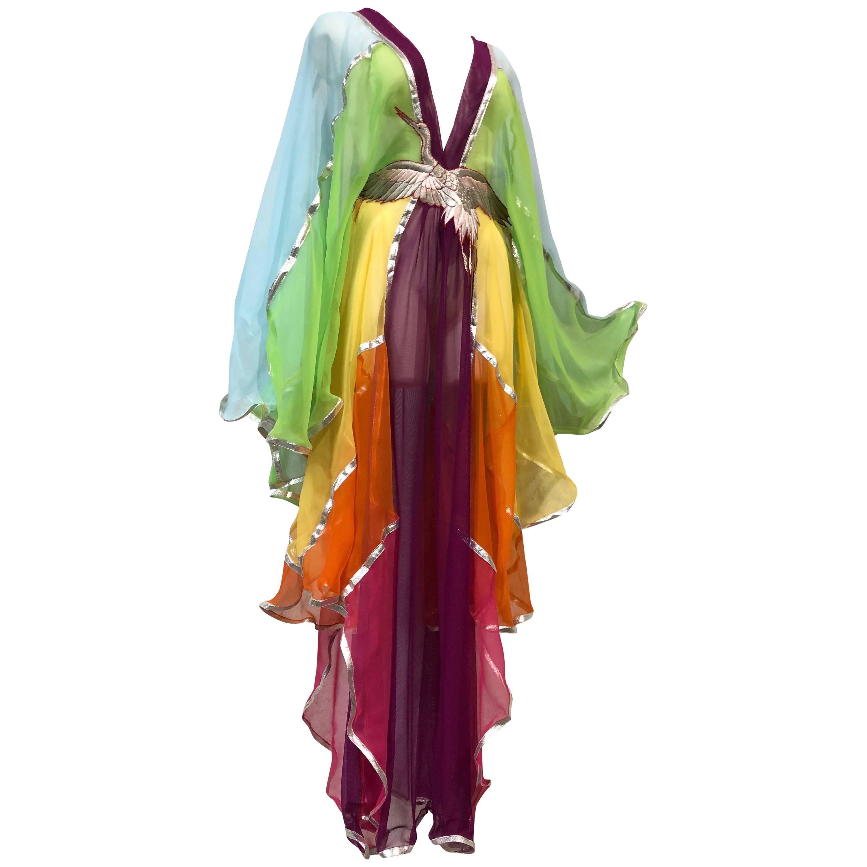  Eclectic Rainbow Theme Sheer & Net Kaftan W/ Decoratively Embroidered Obi Sash