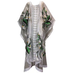 Vintage Hand Embroidered White Net Kaftan W/ Machine Lace Panels & Eyelet Fringe Details