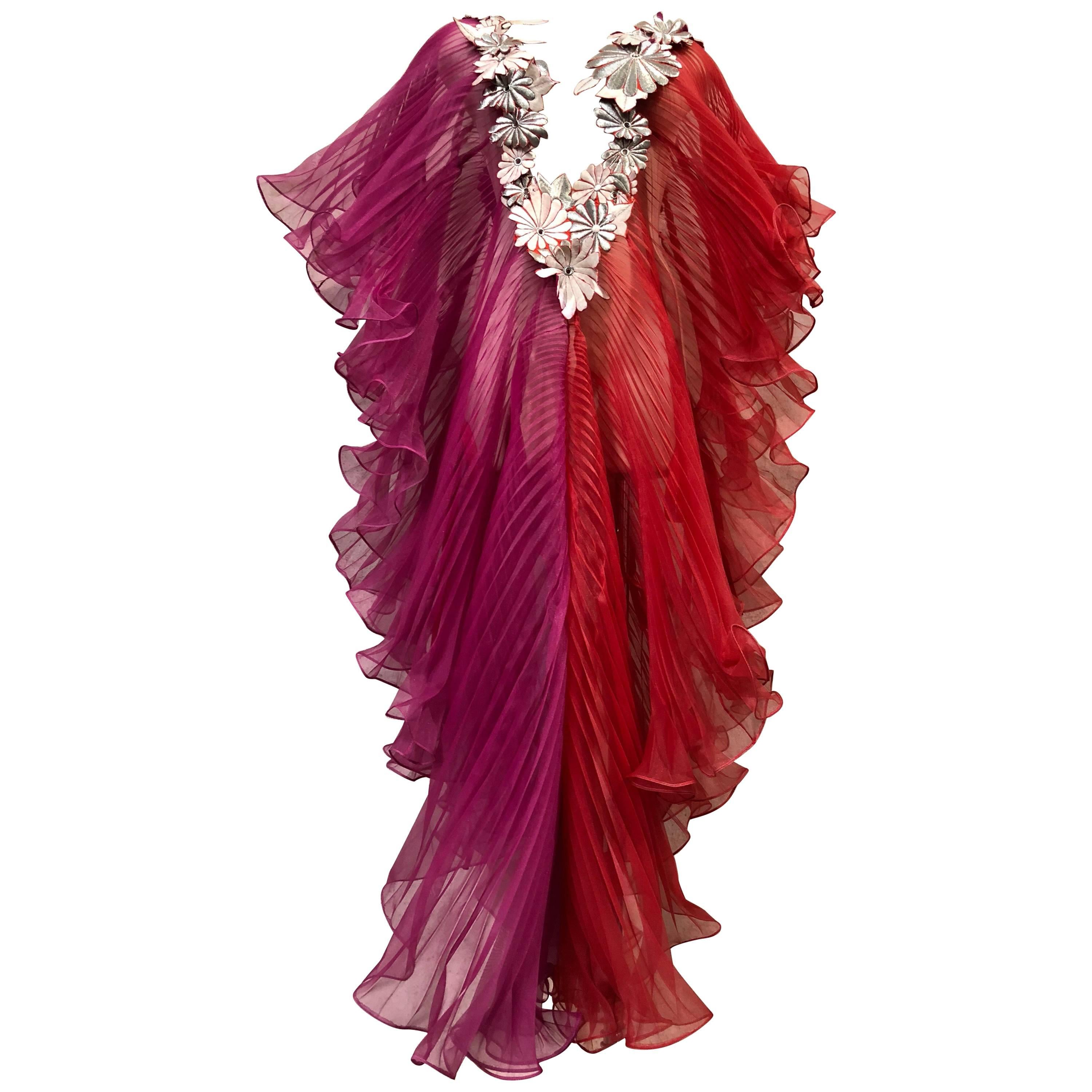 Origami Style Fan Pleated Jumpsuit W/ Silk Floss & Silver Metallic Flower Trim