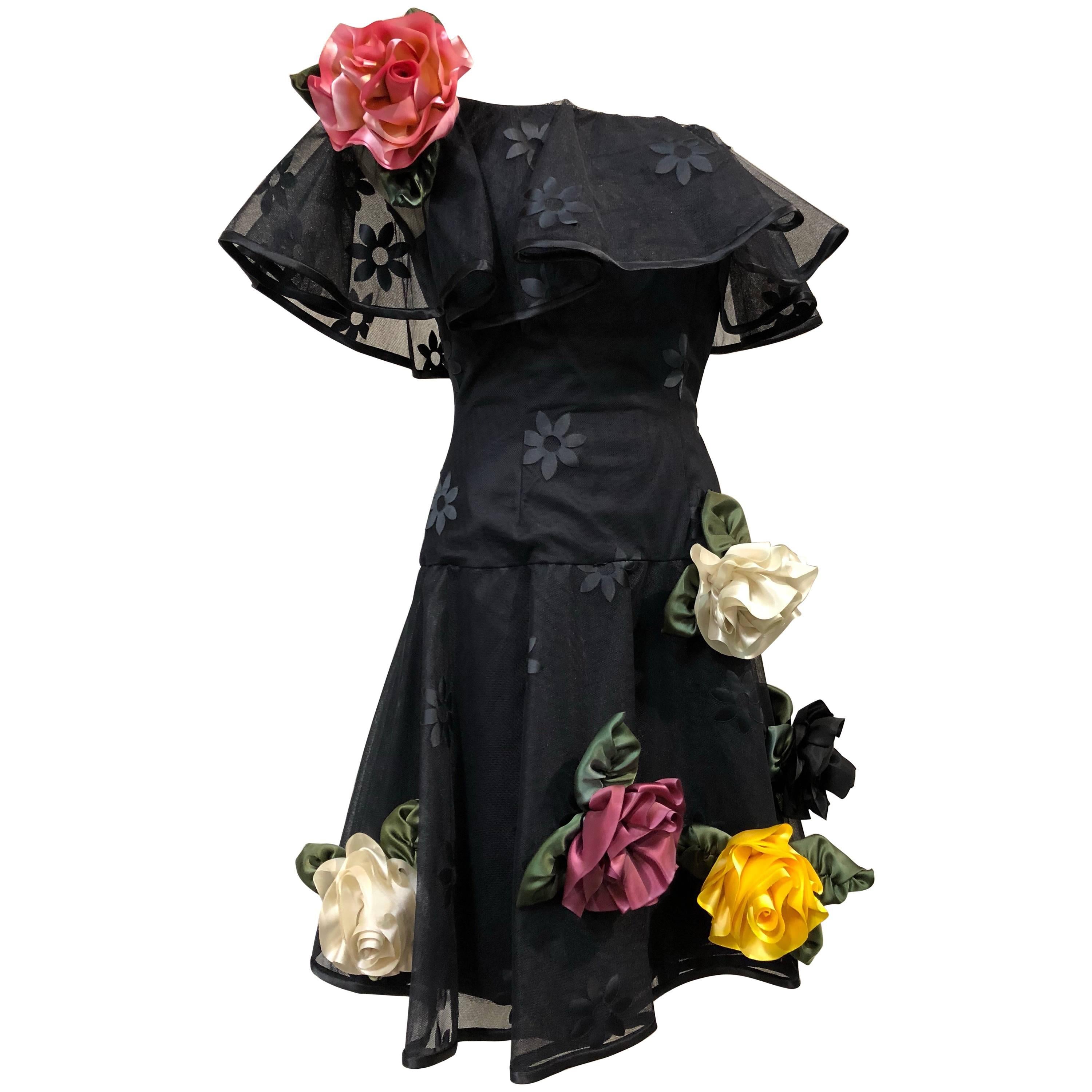 1980s Scaasi Black Tulle Cocktail Dress W/ Off-Shoulders & Silk Appliqué Roses