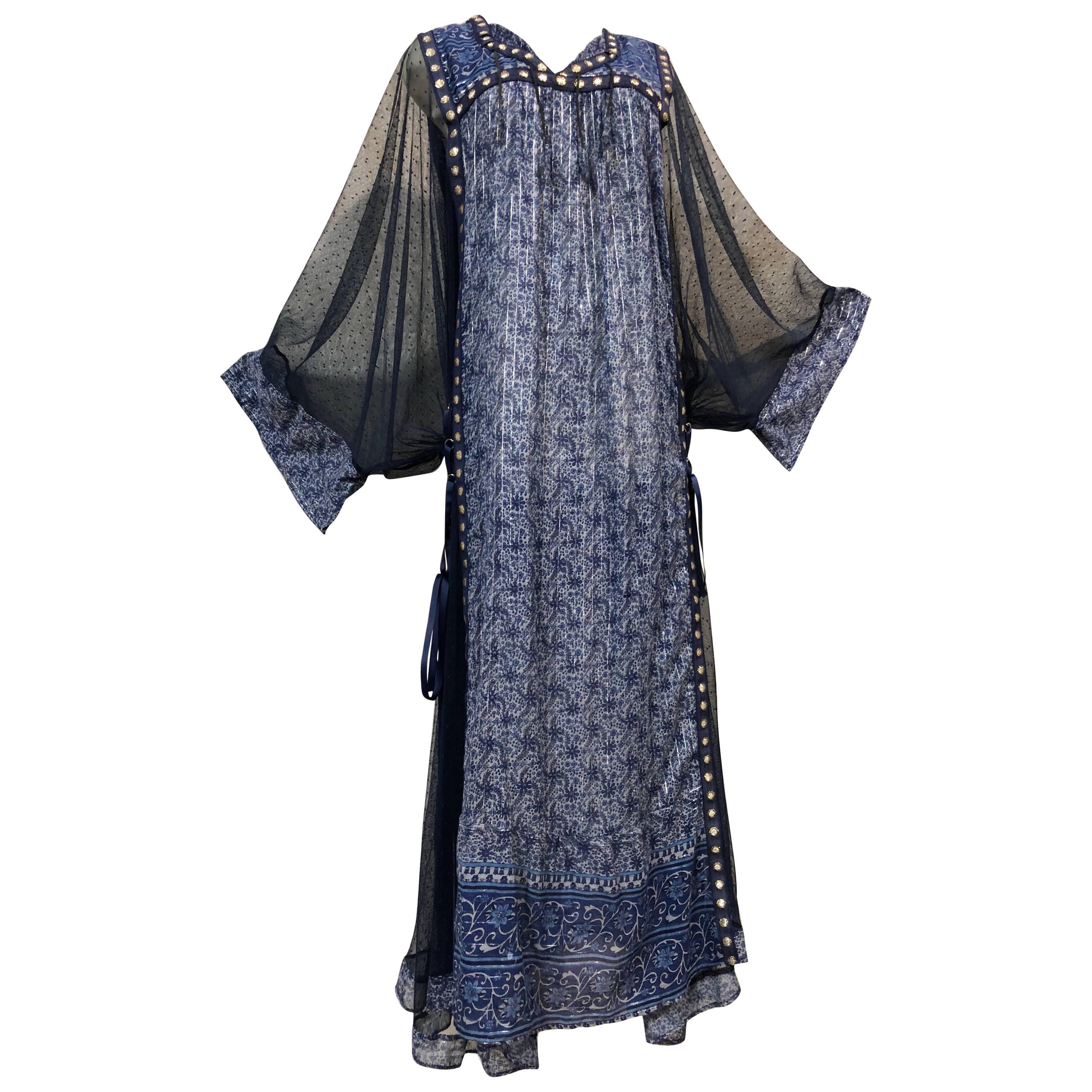  Bohemian Blue India Printed Woven Cotton & Net Kaftan W/ Lace-Up Ribbon Ties