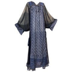 Bohemian Blue India Printed Woven Cotton & Net Kaftan W/ Lace-Up Ribbon Ties